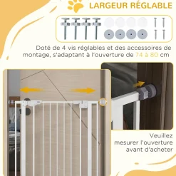 PawHut Barrière de sécurité animaux réglable L.74-80 cm porte double verrouillage petite porte sans perçage- Barrière De Sécurité
