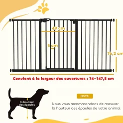PawHut Barrière De Sécurité<Barrière de sécurité longueur réglable porte double verrouillage sans perçage acier plastique noir