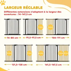 PawHut Barrière De Sécurité<Barrière de sécurité longueur réglable porte double verrouillage sans perçage acier plastique noir