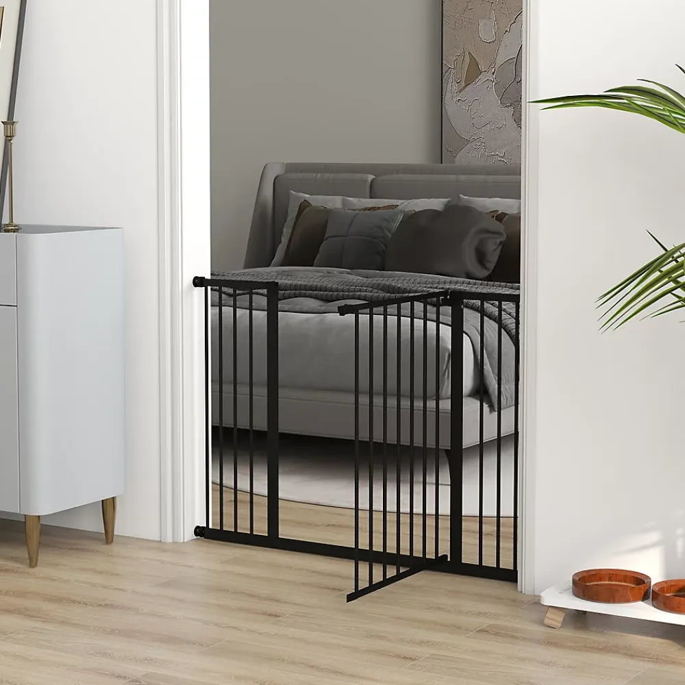 PawHut Barrière de sécurité longueur réglable dim. 76-107l x 76H cm sans perçage métal plastique noir- Barrière De Sécurité