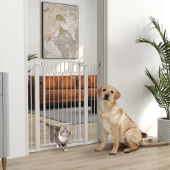PawHut Barrière De Sécurité<Barrière de sécurite chien extensible L.76-104 cm double verrouillage montage pression ou perçage blanc