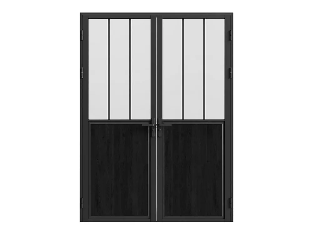 Vente-unique Bloc porte réversible à deux battants en aluminium et verre trempé dépoli style atelier - 2 x H204 x L93 cm - Noir - ERMELO- Bloc Porte