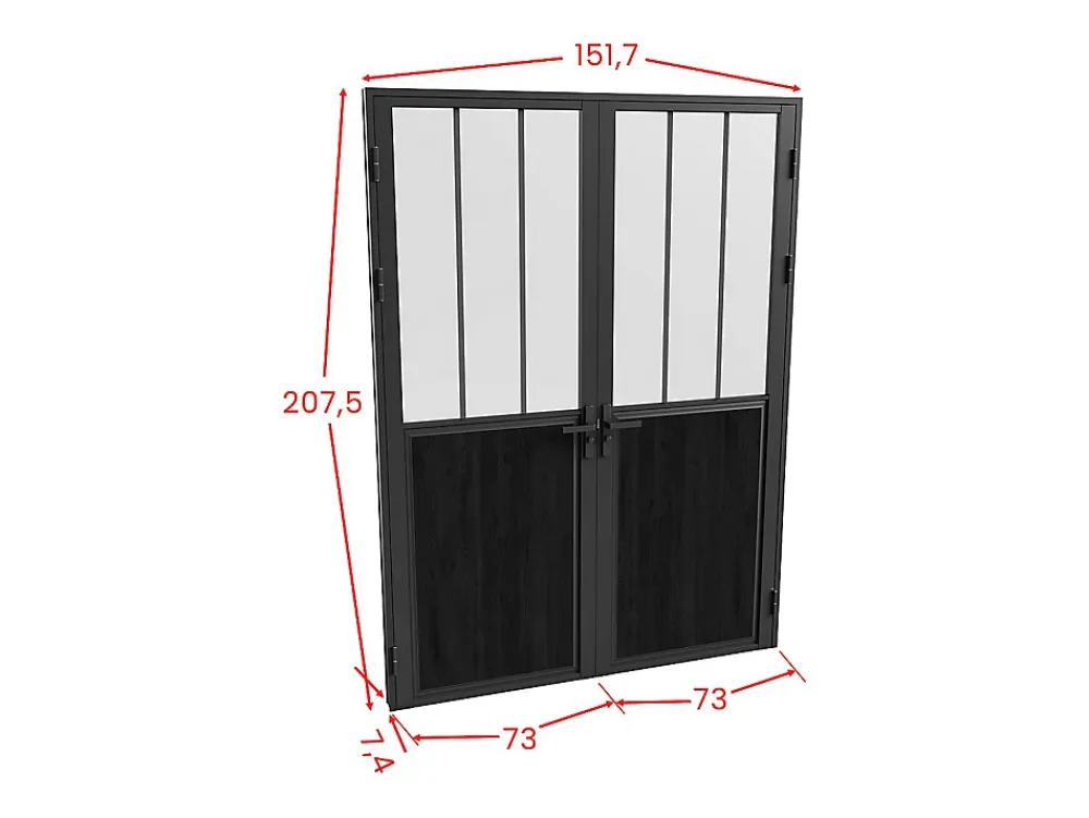 Vente-unique Bloc Porte<Bloc porte réversible à deux battants en aluminium et verre trempé dépoli style atelier - 2 x H204 x L73 cm - Noir - ERMELO