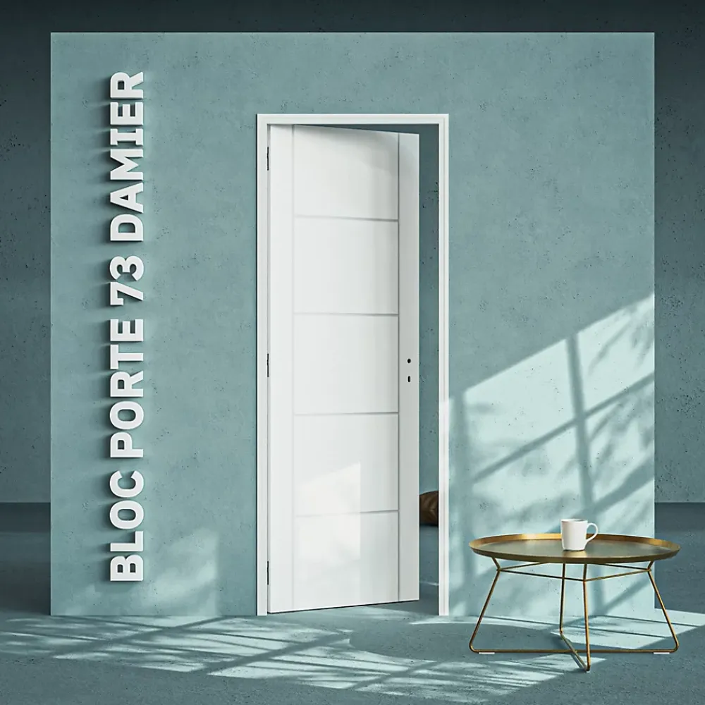 Coulicool Bloc-Porte Blanc Laqué Damier H. 204 x l. 73 cm - Poussant Gauche- Bloc Porte