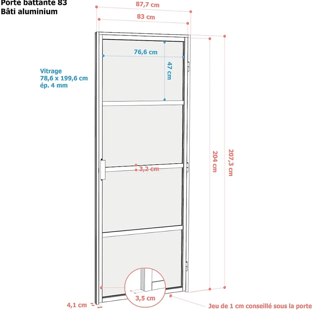 Bloc-porte Loft 4 carreaux vitrés transparents, poussant gauche, coloris noir mat H.213 x l.83cm- Bloc Porte