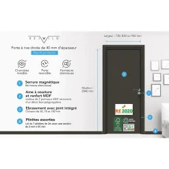 Reivilo Bloc-porte pose fin de chantier Premium Miro, H.204 x l.93 cm, aspect chêne blanc, réversible- Bloc Porte