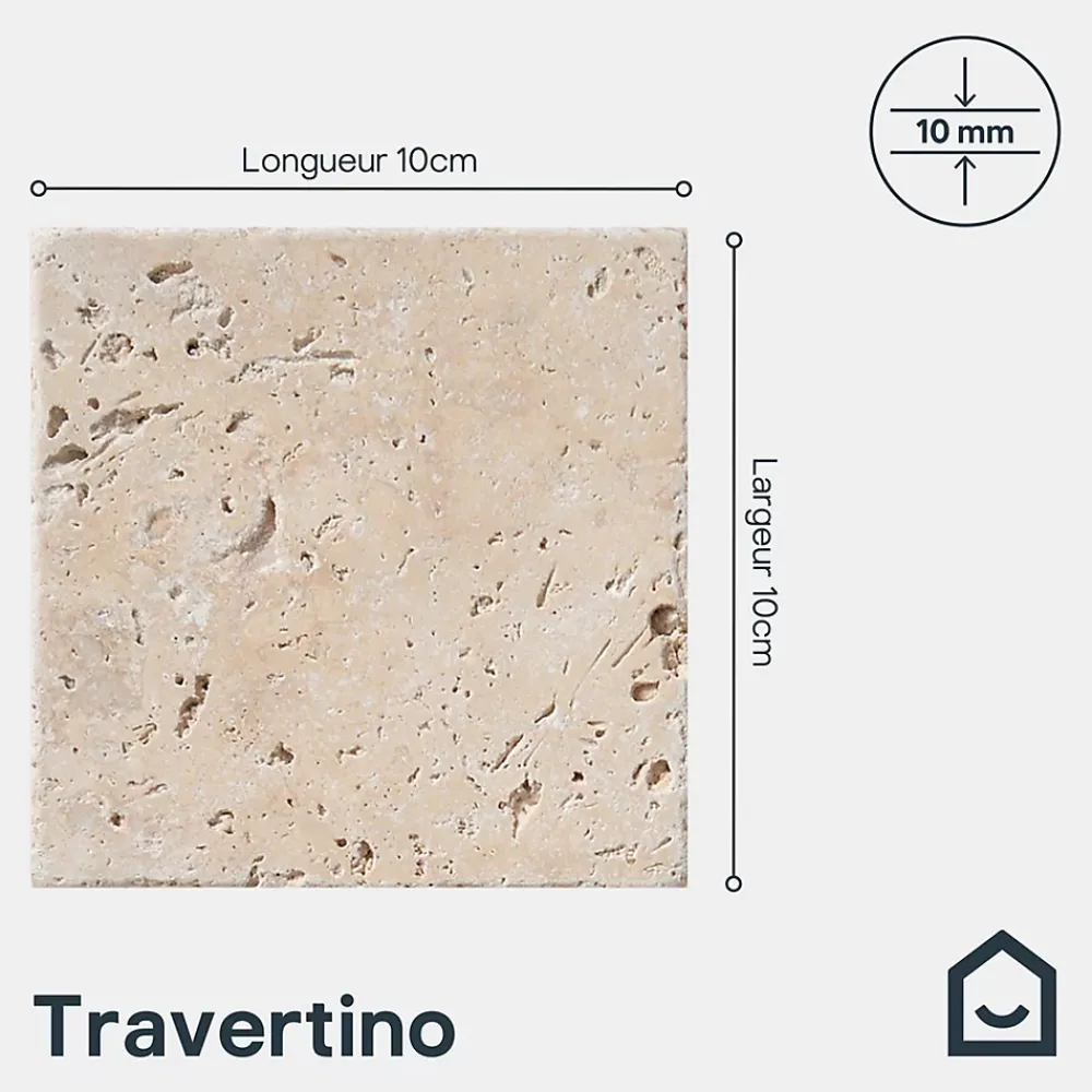 GoodHome Carreau en travertin sol et mur L.10 x l.10 cm x ép.10 mm, Travertino- Travertin