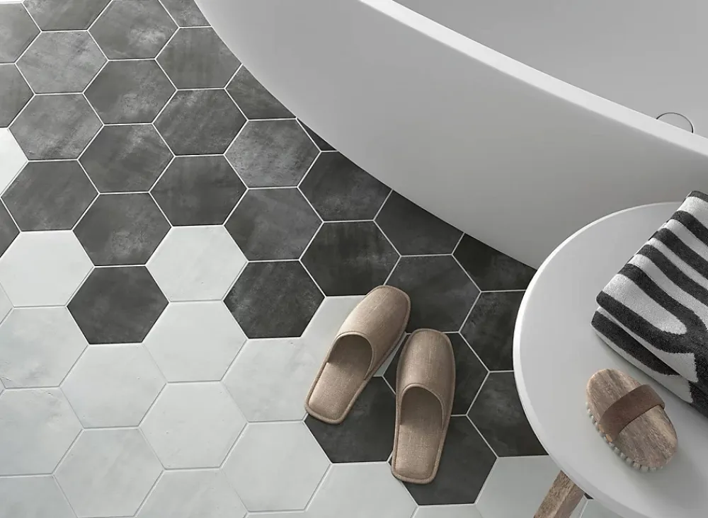 Lux Mosaic Carreau Hexagonal en Grès Cérame Effet Ciment. Série Denia Blanc 14x16 cm- Carrelage Sol Pour Salle De Bains