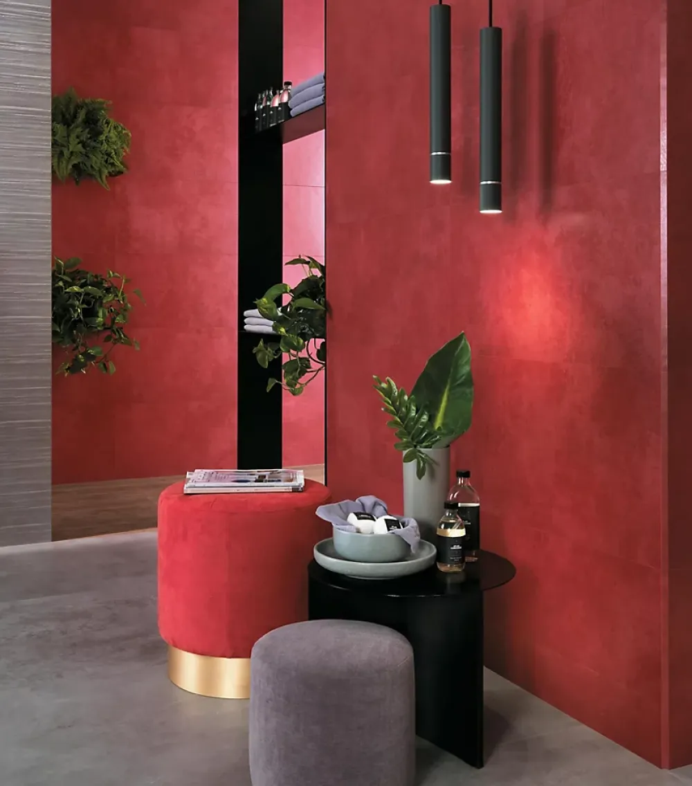 Ro'Ma Carrelage Carrelage effet Béton Rouge 80x40x0,85 cm Mat Gravino - Mur intérieur (vendu par carton de 1,28 m²) -- Carrelage Mural Effet Béton