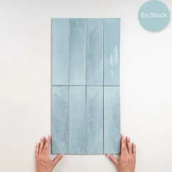Les Carreaux De Jean  Carrelage Effet Zellige Bleu Ciel AGADIR - Agua 7x28 - Les Carreaux de Jean- Faïence Pour Douche|Faïence Pour Salle De Bains