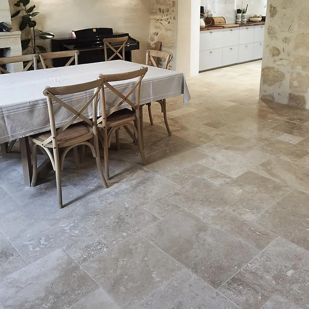 Ligerio Carrelage en travertin light adouci rebouché PREMIUM - Opus : 4 formats x 1,2 cm - Vendu par lot de 0,74 m²- Travertin