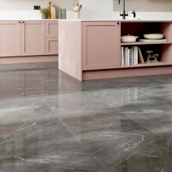 GoodHome Carrelage Mural Pour Pièce À Vivre|Carrelage Mural Effet Marbre<Carrelage intérieur sol et mur gris foncé effet marbre brillant L.59.5 x l.59.5 cm x ép.9 mm, Ultimate Marble