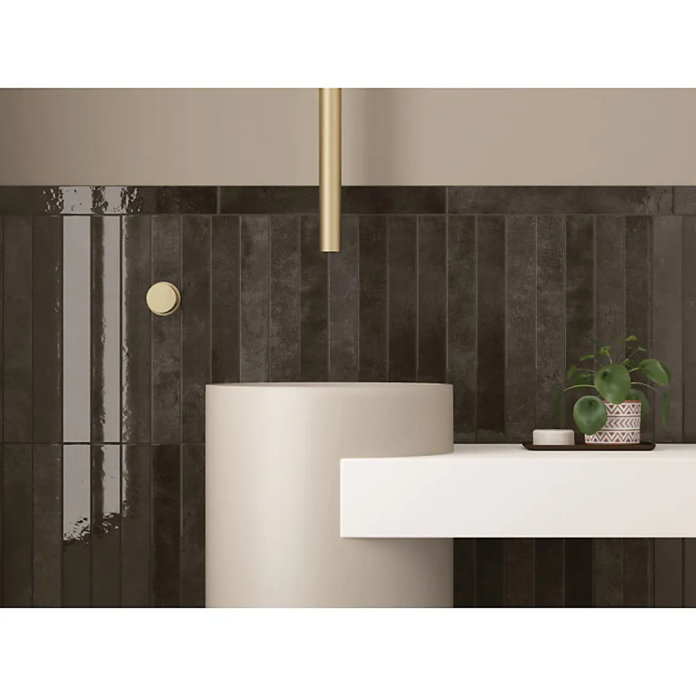 Aelle Carrelage Carrelage mur effet pierre noir 5x40 cm brillant - VERTICALE SOOT- Carrelage Sol Effet Pierre