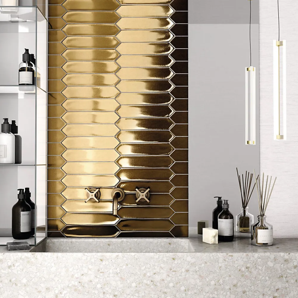 Aelle Carrelage Faïence Unie|Faïence Pour Wc<Carrelage mur faience forme navette 5x25 cm mate LANSE GOLD