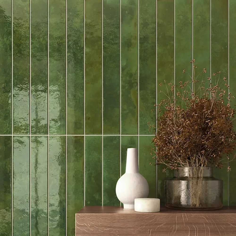 Lux Mosaic Carrelage Mur Intérieur Format allongé Vert Brillant. Bali Green 5x40 cm- Faïence Pour Salle De Bains|Faïence Pour Cuisine