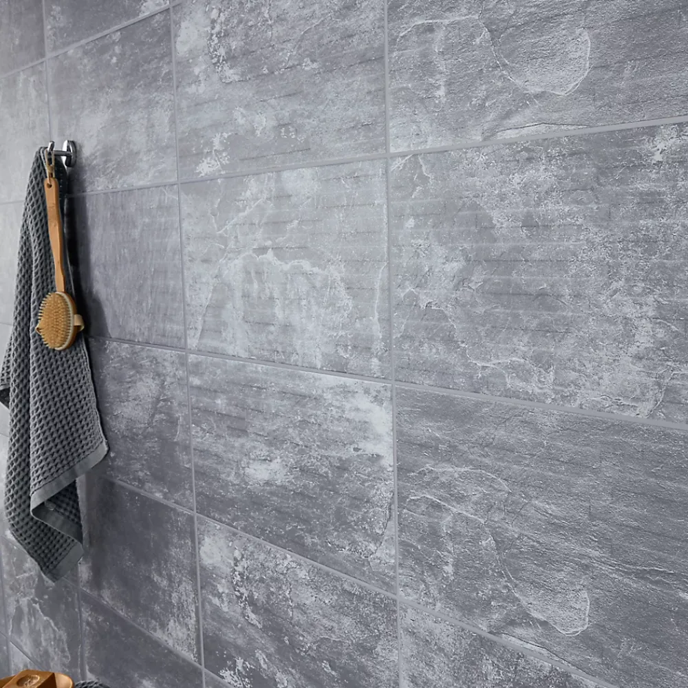 GoodHome Carrelage Mural Uni<Carrelage mural décoratif effet pierre anthracite L.61,5 x l.30,8 cm x ép.8 mm, Shaded Slate