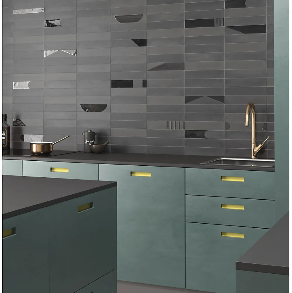 Aelle Carrelage Carrelage sol / mur brique déco mixe mate et brillant effet béton noir 6x30 cm WADI DECOR NOIR- Carrelage Sol Effet Béton