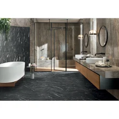 Aelle Carrelage Carrelage Sol Effet Marbre<Carrelage sol / mur chevron effet marbre noir 7,4X45 cmm - SCULTOREA Dark diamond chevron J475