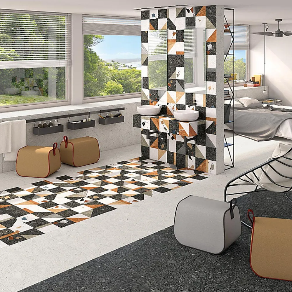 Eiffel art construction Carrelage Sol Effet Terrazzo<Carrelage sol / mur effet terrazzo blanc 60x60 cm MISCELA NACAR(vendu par boite de 1.44m2)