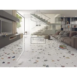 Eiffel art construction Carrelage Sol Effet Terrazzo<Carrelage sol / mur effet terrazzzo coloré brillant 80x80 cm STRACCIATELLA NACAR POLISHED(vendu par boite 1.26m2)