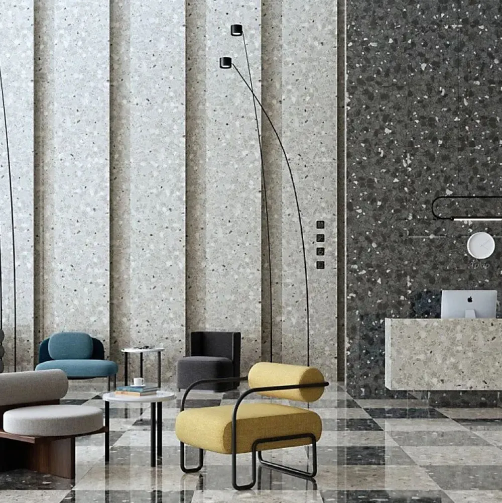 Aelle Carrelage Carrelage sol / mur effet terrazzo brillant 80x80 cm MONACO R GRIS PULIDO- Carrelage Sol Effet Pierre