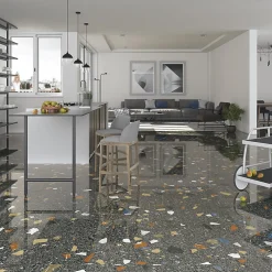 Eiffel art construction Carrelage sol / mur effet terrazzzo coloré brillant 80x80 cm STRACCIATELLA GRAFITO POLISHED(vendu par boite 1.26m2)- Carrelage Sol Effet Terrazzo
