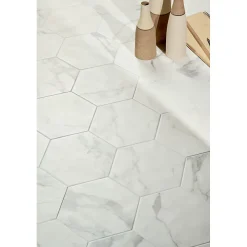 Aelle Carrelage Carrelage sol / mur hexagonal effet marbre blanc mate 25x21,6 cmSCULTOREA statuario vena argento esagona J469- Carrelage Sol Effet Marbre