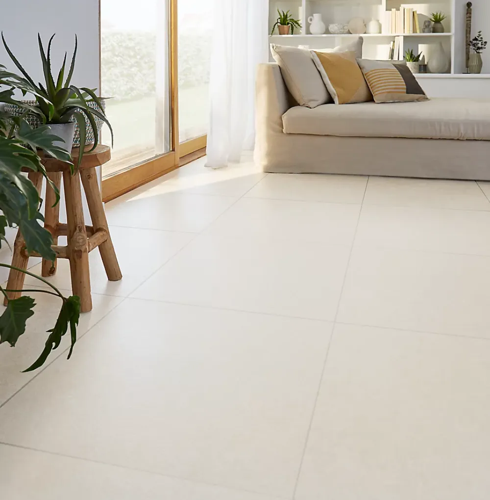 GoodHome Carrelage sol blanc cassé effet béton L.60 x l.60 cm x ép.10 mm, Smooth- Carrelage Sol Pour Pièce À Vivre|Carrelage Mural Pour Cuisine