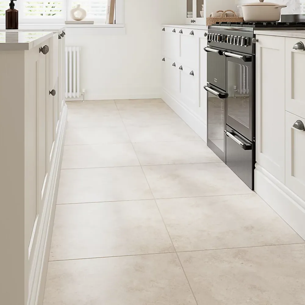 GoodHome Carrelage sol effet béton ivoire L.61,6 x l.61,6 cm x ép.7,4 mm, Konkrete- Carrelage Mural Pour Wc|Carrelage Mural Effet Béton