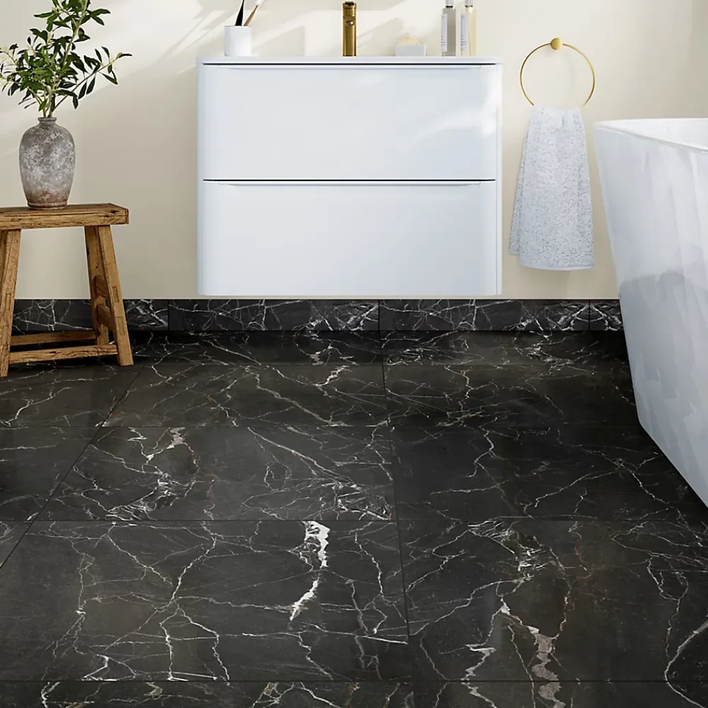 GoodHome Carrelage Mural Pour Douche|Carrelage Mural Pour Wc<Carrelage sol et mur effet marbre anthracite brillant L.60,8 x l.60,8 cm x ép.8,5 mm, Aruma