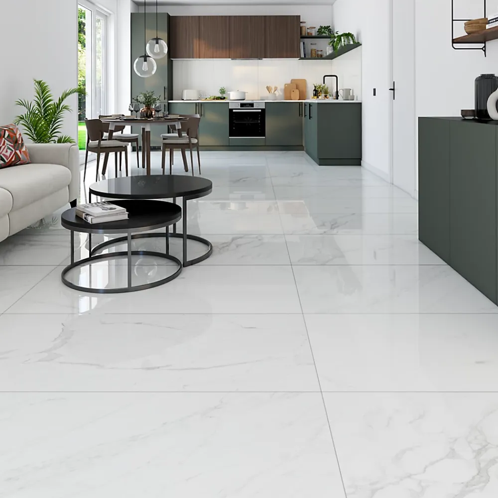 Carrelage sol et mur effet marbre blanc L.120 x l.60 cm x ép.9,4 mm, Pulido- Carrelage Mural Pour Douche|Carrelage Mural Pour Wc
