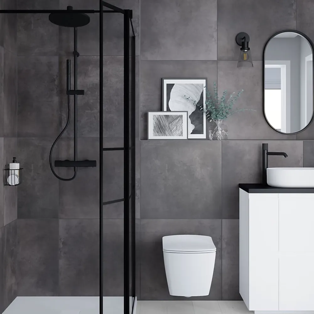 GoodHome Carrelage sol et mur effet béton anthracite L.61,6 x l.61,6 cm x ép.7,4 mm, Konkrete- Carrelage Mural Pour Wc|Carrelage Mural Effet Béton
