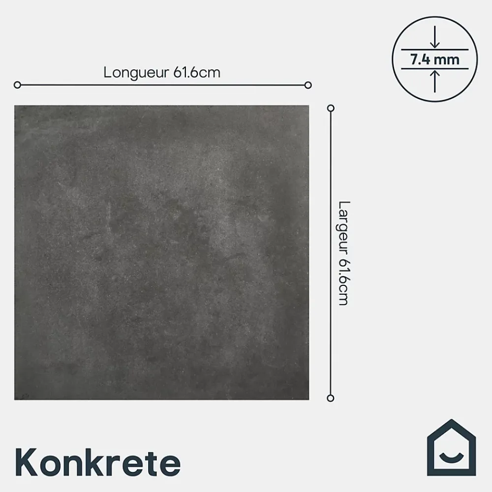 GoodHome Carrelage sol et mur effet béton anthracite L.61,6 x l.61,6 cm x ép.7,4 mm, Konkrete- Carrelage Mural Pour Wc|Carrelage Mural Effet Béton