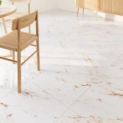 GoodHome Carrelage Mural Effet Marbre|Carrelage Mural Pour Salle De Bains<Carrelage sol et mur effet marbre blanc et doré brillant L.60,8 x l.60,8 cm x ép.8,5 mm - lot de 4, Aruma