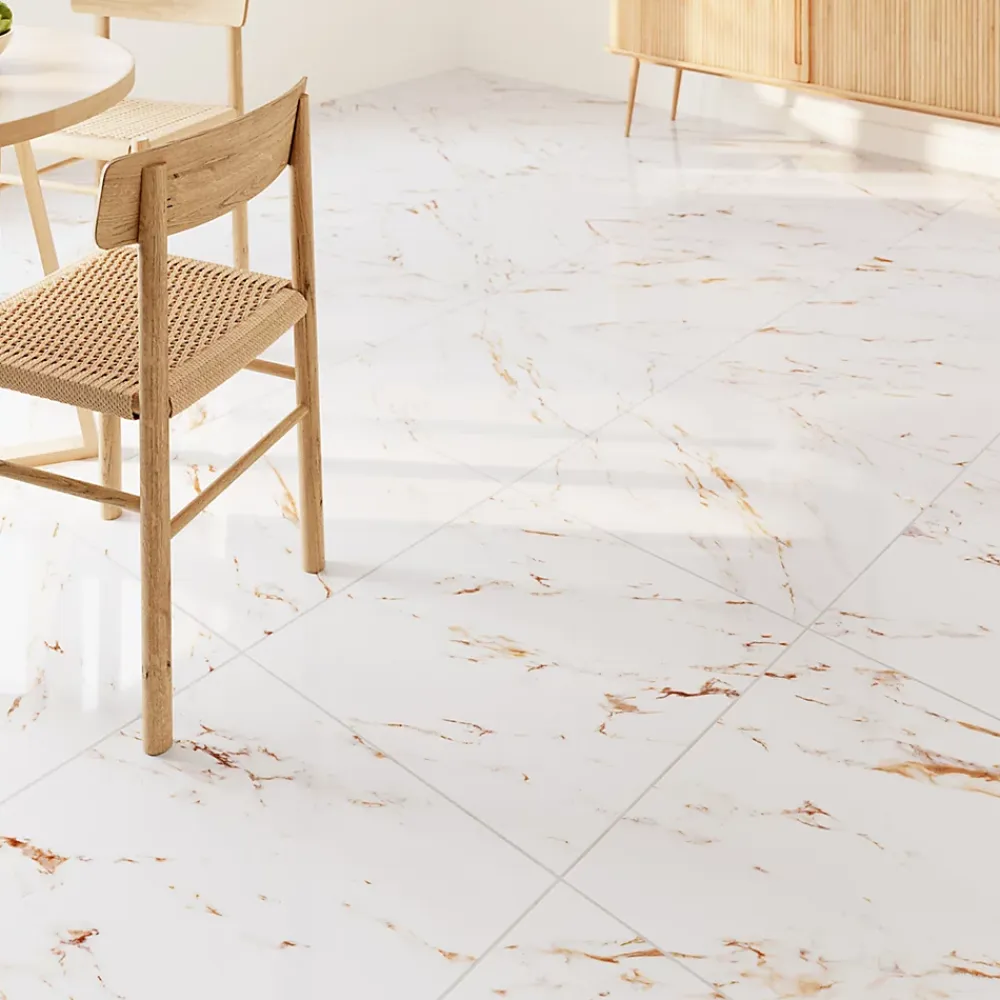 GoodHome Carrelage Mural Effet Marbre|Carrelage Mural Pour Salle De Bains<Carrelage sol et mur effet marbre blanc et doré brillant L.60,8 x l.60,8 cm x ép.8,5 mm - lot de 4, Aruma