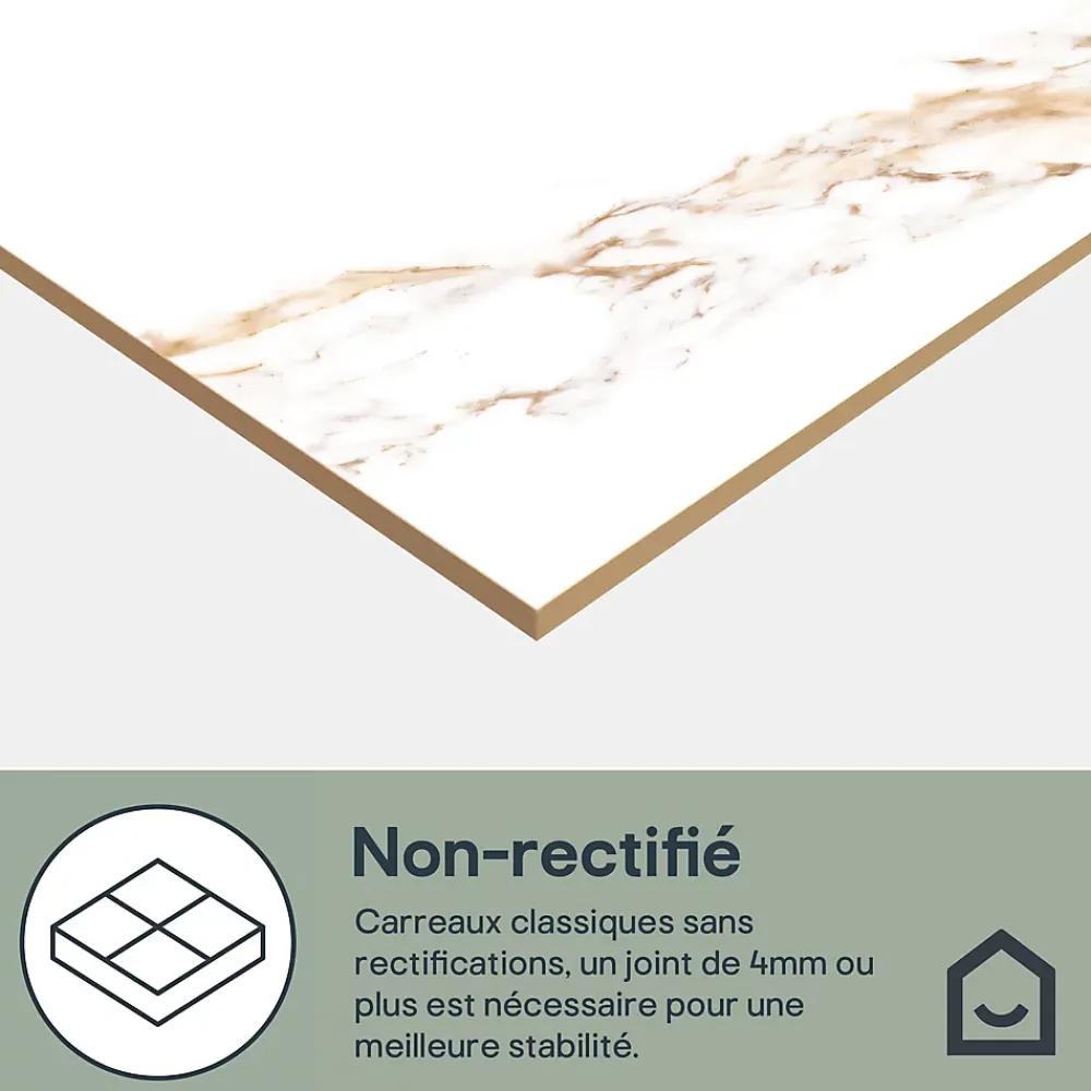 GoodHome Carrelage Mural Effet Marbre|Carrelage Mural Pour Salle De Bains<Carrelage sol et mur effet marbre blanc et doré brillant L.60,8 x l.60,8 cm x ép.8,5 mm - lot de 4, Aruma