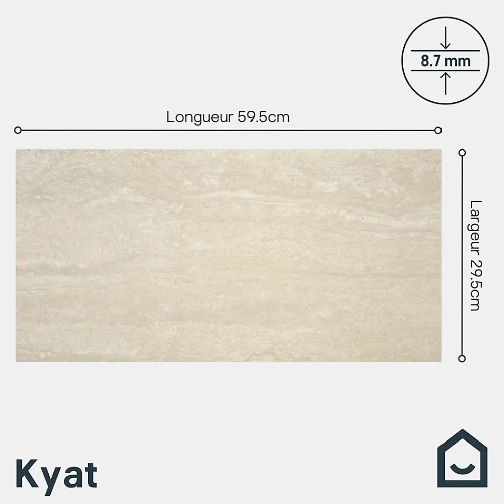 GoodHome Carrelage Mural Effet Pierre|Carrelage Sol Effet Pierre<Carrelage sol et mur intérieur beige effet pierre L.59,5 x l.29,5 cm x ép.8,7 mm, Kyat