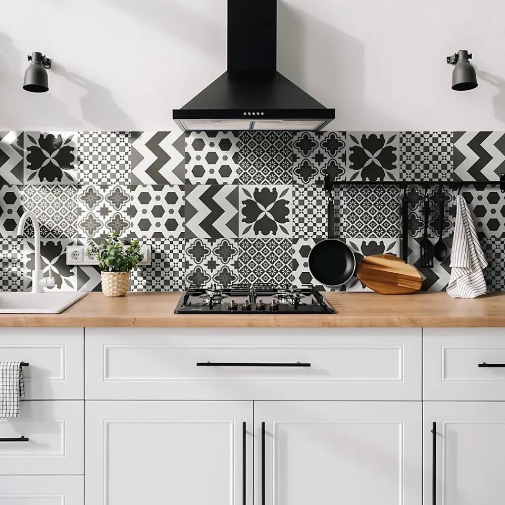 Carrelage sol et mur intérieur effet carreaux de ciment noirs et blancs L.20 x l.20 cm x ép.7,4 mm, Glamour Slate Mix- Carrelage Mural Effet Carreaux De Ciment|Carrelage Mural Pour Pièce À Vivre