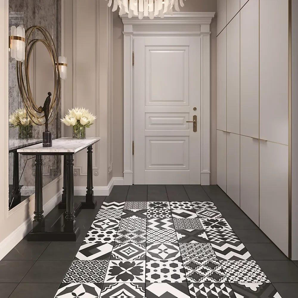 Carrelage sol et mur intérieur effet carreaux de ciment noirs et blancs L.20 x l.20 cm x ép.7,4 mm, Glamour Slate Mix- Carrelage Mural Effet Carreaux De Ciment|Carrelage Mural Pour Pièce À Vivre