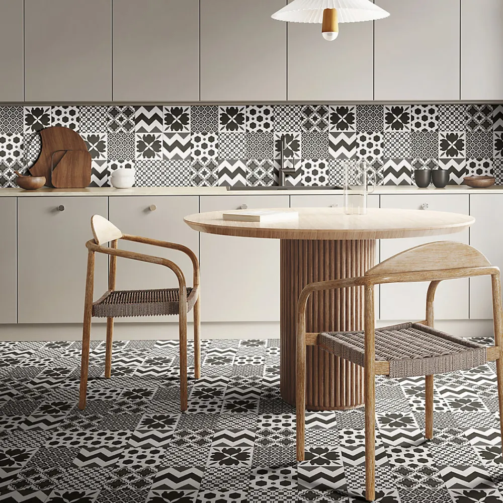 Carrelage sol et mur intérieur effet carreaux de ciment noirs et blancs L.20 x l.20 cm x ép.7,4 mm, Glamour Slate Mix- Carrelage Mural Effet Carreaux De Ciment|Carrelage Mural Pour Pièce À Vivre