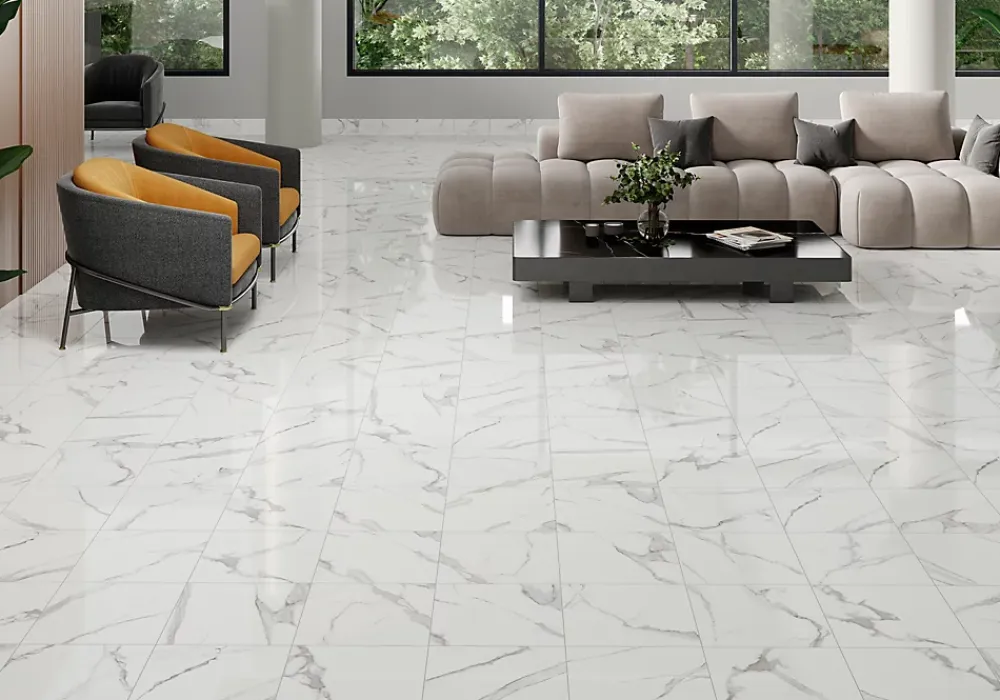 Carrelage sol et mur intérieur effet marbre blanc brillant L.33,3 x l.33,3 cm x ép.9,1 mm, Cavana Calacatta- Carrelage Mural Pour Wc|Carrelage Mural Effet Marbre