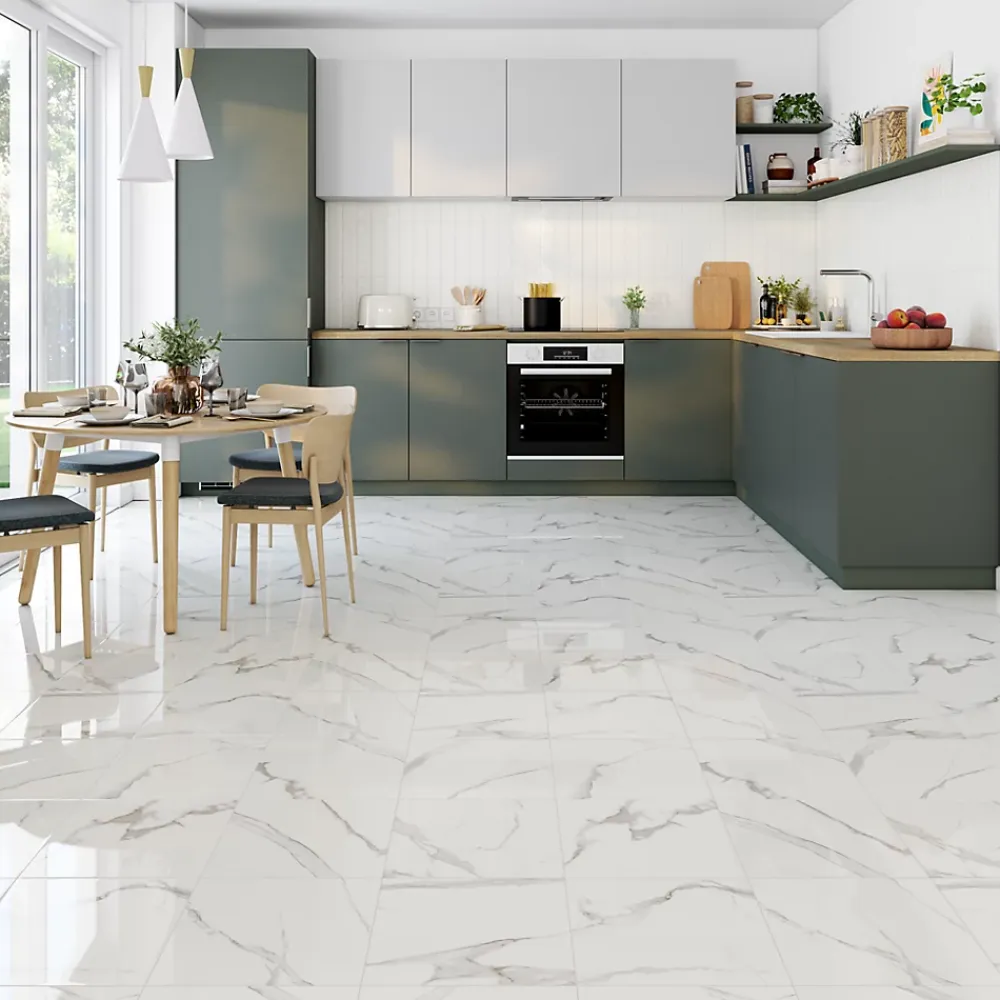 Carrelage sol et mur intérieur effet marbre blanc brillant L.33,3 x l.33,3 cm x ép.9,1 mm, Cavana Calacatta- Carrelage Mural Pour Wc|Carrelage Mural Effet Marbre
