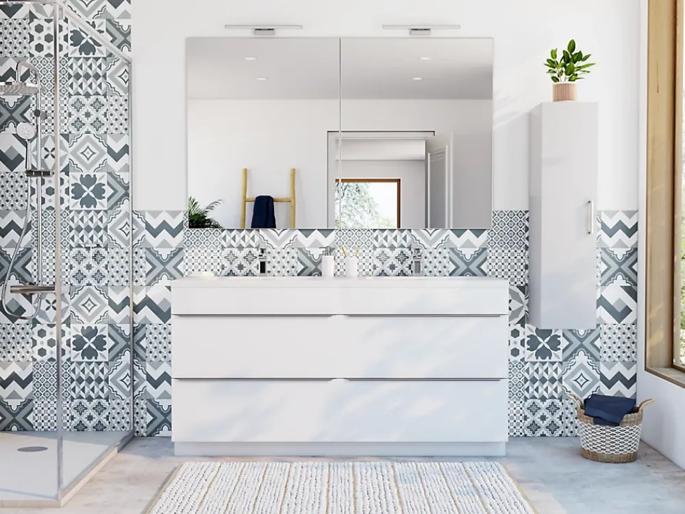 Carrelage sol et mur intérieur effet carreaux de ciment tons bleus L.20 x l.20 cm x ép.7,4 mm, Glamour Océan Mix- Carrelage Mural Effet Carreaux De Ciment|Carrelage Mural Pour Cuisine