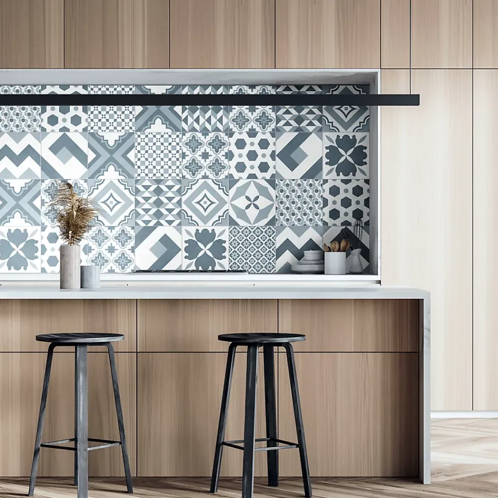 Carrelage sol et mur intérieur effet carreaux de ciment tons bleus L.20 x l.20 cm x ép.7,4 mm, Glamour Océan Mix- Carrelage Mural Effet Carreaux De Ciment|Carrelage Mural Pour Cuisine