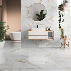 Carrelage Mural Pour Douche|Carrelage Mural Effet Marbre<Carrelage sol et mur intérieur en grès cérame effet marbre blanc poli L.120 x l.60 cm x ép.9 mm, Fiordo Reve