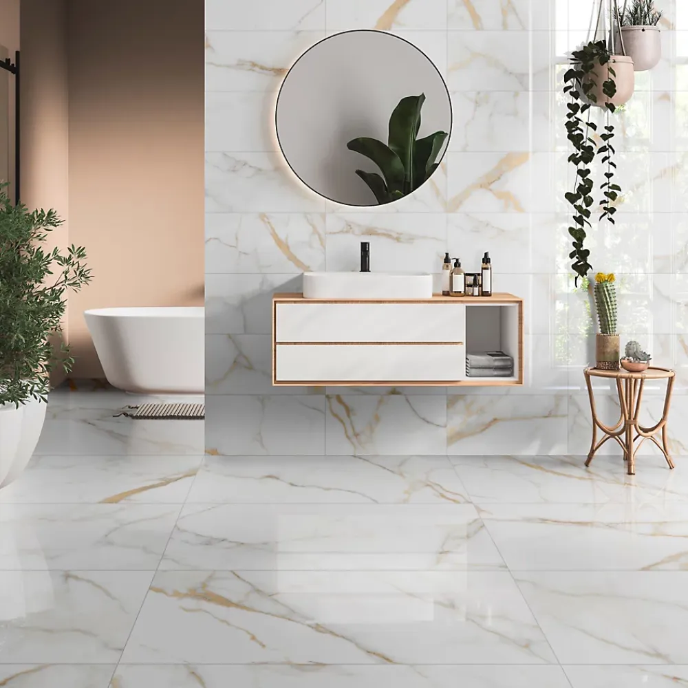 Carrelage Mural Pour Douche|Carrelage Mural Effet Marbre<Carrelage sol et mur intérieur en grès cérame effet marbre blanc poli L.120 x l.60 cm x ép.9 mm, Fiordo Reve