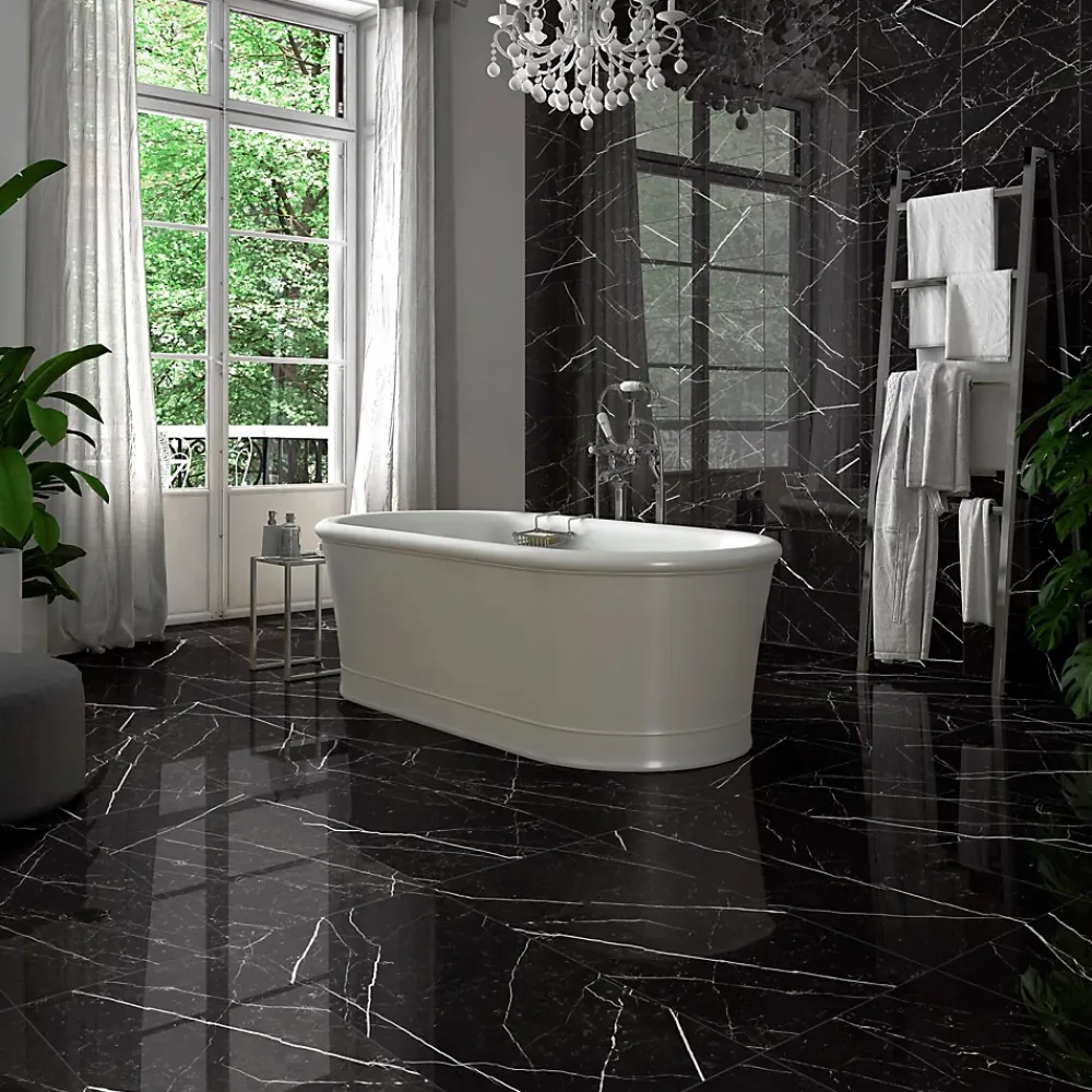 Carrelage sol et mur intérieur en grès cérame effet marbre noir poli L.120 x l.60 cm x ép.9 mm, Fiordo Tresor- Carrelage Mural Pour Pièce À Vivre|Carrelage Mural Effet Marbre