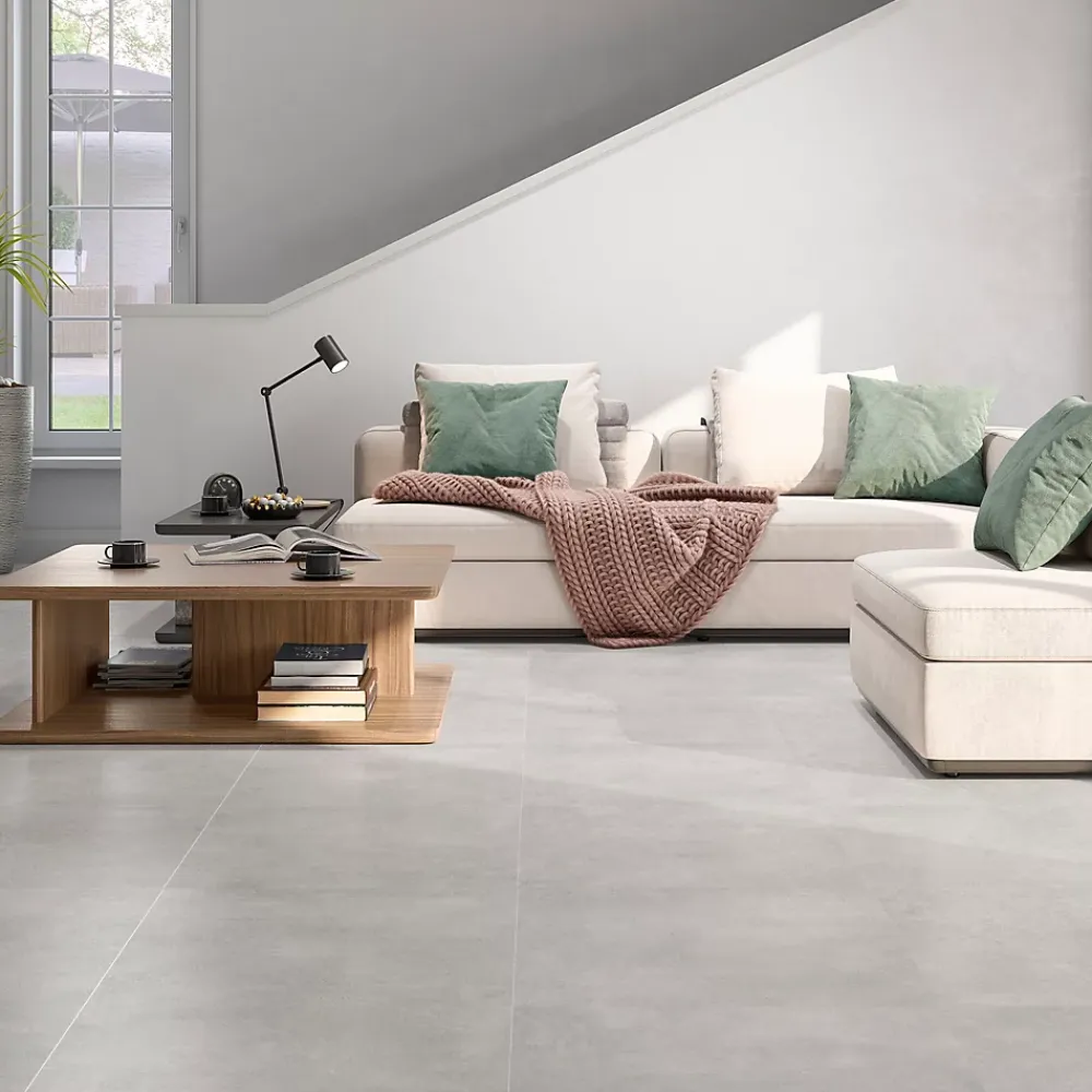 Ecoceramic Carrelage sol et mur intérieur gris clair effet béton L.60 x l.60 cm x ép.9,5 mm, District- Carrelage Mural Effet Béton|Carrelage Mural Pour Douche