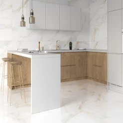 Ecoceramic Carrelage sol et mur intérieur grès cérame émaillé effet marbre blanc mat et doré L.60 x l.60 cm x ép.8,5 mm, Aster- Carrelage Mural Pour Douche|Carrelage Mural Pour Wc