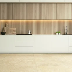 Carrelage sol et mur intérieur en grès cérame émaillé beige effet travertin mat L.119,8 x l.60 cm x ép.7,4 mm, Traverno- Carrelage Mural Effet Pierre|Carrelage Sol Effet Pierre